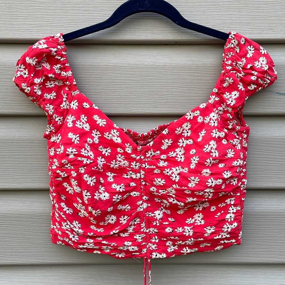 Zara Red Floral Print Ruched Crop Top